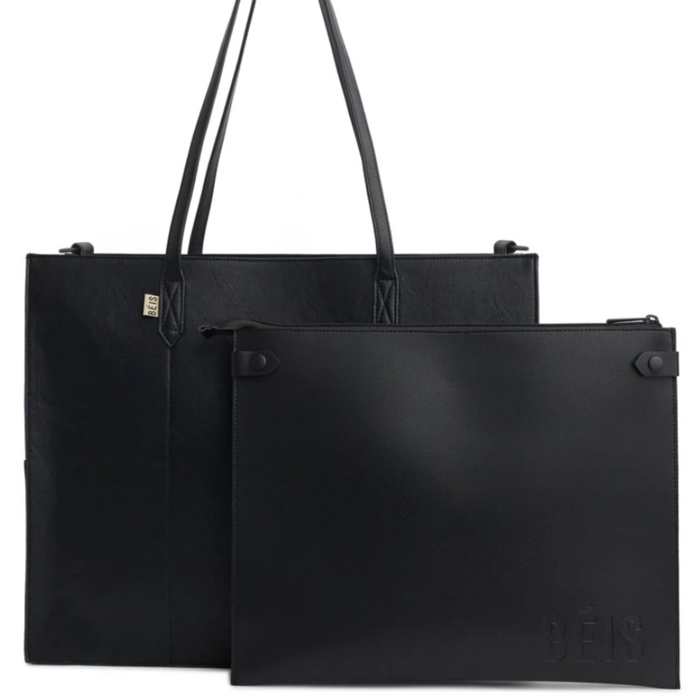 COPY - BEIS BLACK VEGAN LEATHER WORK TOTE